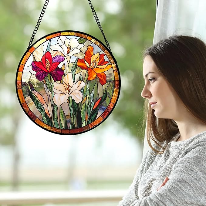 Stained Glass Window Hanging - Colorful Flower Suncatcher for Door Garden Home Decor Wildflowers Sun Catcher Christmas Birthday for Friend Lovers Women Mom Nana 9.8 in
