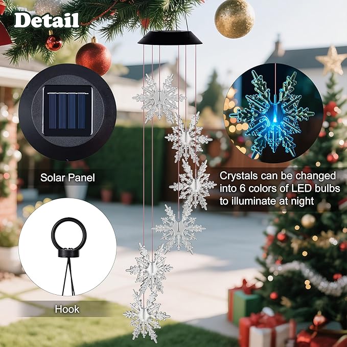 Snowflake Wind Chime,Christmas Solar Wind Chimes for Outside,Waterproof Hanging Solar Lights 6 Color Changing LED Light Windchime Outdoor Decor Gift for Holiday Garden Porch Patio Yard Decor