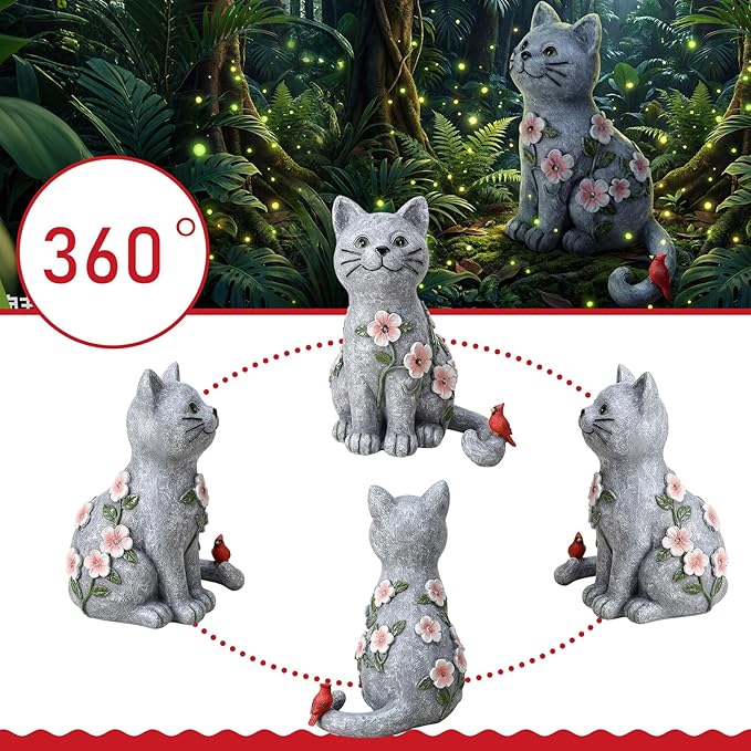 Amyhill Cat Outdoor Statues for Garden Decor Solar Light with Cardinal Flower for Outside Art Lawn Ornaments Porch Patio Balcony Home House Birthday Gifts for Grandma Mom Women
