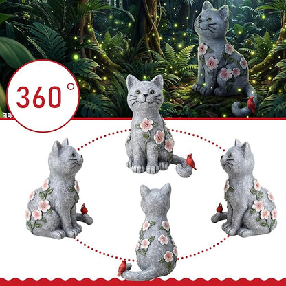 Amyhill Cat Outdoor Statues for Garden Decor Solar Light with Cardinal Flower for Outside Art Lawn Ornaments Porch Patio Balcony Home House Birthday Gifts for Grandma Mom Women