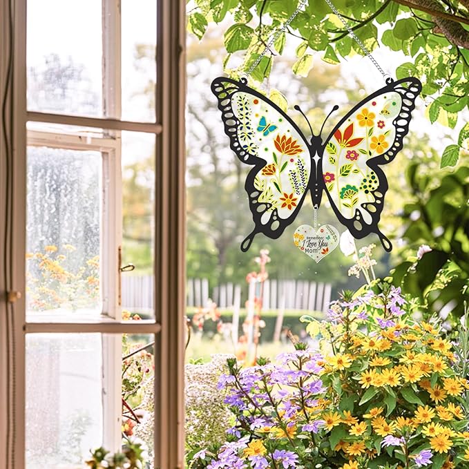 Butterfly Stained Glass Window Hanging 9.8 Inch Colorful Flower Suncatcher Decor for Window Door Wall Art Home Decoration Christmas Hanging Ornament Birthday Butterfly Gifts for Mom, Women