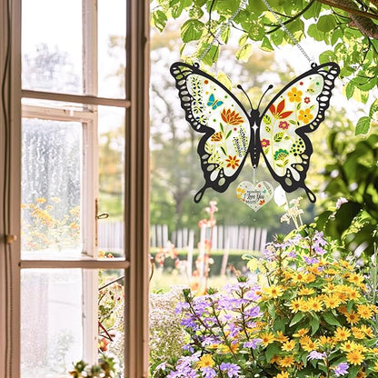 Butterfly Stained Glass Window Hanging 9.8 Inch Colorful Flower Suncatcher Decor for Window Door Wall Art Home Decoration Christmas Hanging Ornament Birthday Butterfly Gifts for Mom, Women