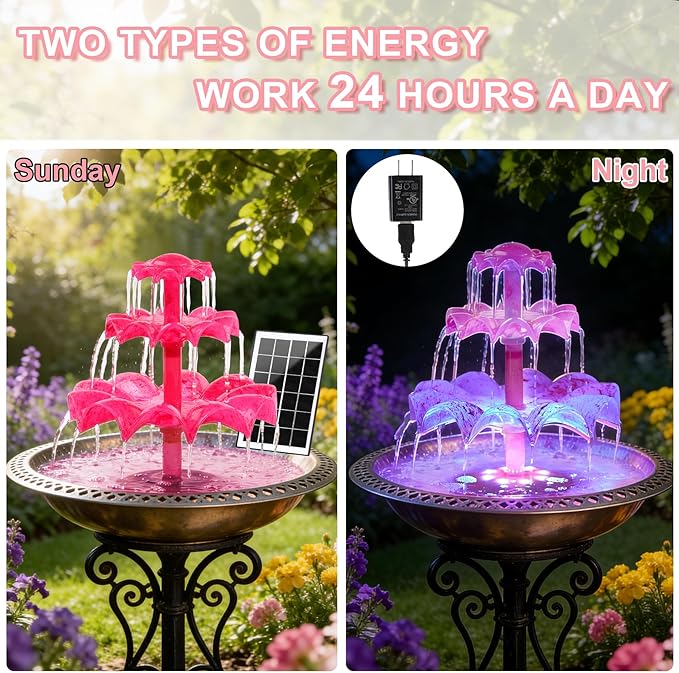 3.5W Solar Fountain Pump for Bird Bath, 3-Tier Red Solar Water Pump with 8 LED Lights, 32.8FT Power Cord and Adapter Included, Dual-Powered for 24/7 Use for Garden, Pond, Pool, Fish Tank and Lawn
