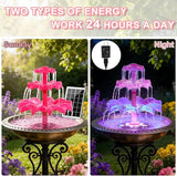 3.5W Solar Fountain Pump for Bird Bath, 3-Tier Red Solar Water Pump with 8 LED Lights, 32.8FT Power Cord and Adapter Included, Dual-Powered for 24/7 Use for Garden, Pond, Pool, Fish Tank and Lawn