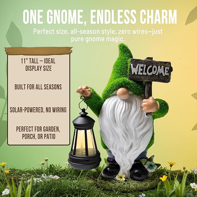 Garden Gnomes Outdoor with LED Solar Light - 11’’ Spring Season Gnome - Funny Decorations, Ornaments - Home, Yard, Patio, Solar Lantern Garden Statues - Housewarming, Birthday