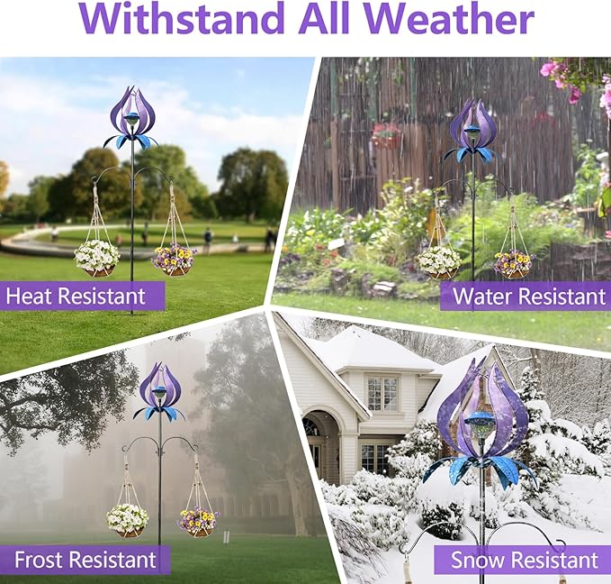Multifunction Solar Wind Spinner Outdoor with Shepherd Hooks MANORTANG 83 Inch Valentine Metal Large Landscape Light Double Coconut Basket LED Windmill Outdoor Decoration for Yard Patios (Purple)
