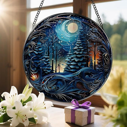 8-Inch Starry Night Forest Suncatcher Ornament, Stained Glass Window Hanging & Stained Glass Holiday Ornament, Sun Catcher Window Decor — Magical Gift for Nature Lovers, Gifts for Christmas & Holidays