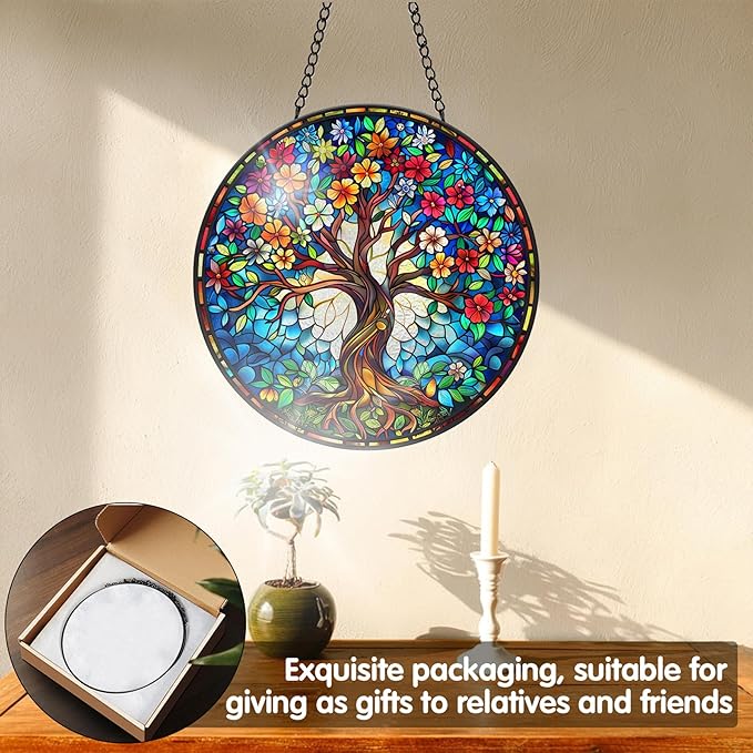 VAIIEYO Tree Sun Catcher Stained Glass Window Hanging Ornament, Handmade Sun Catcher Landscape Decoration with Hooks, Window Garden Home, Birthday Housewarming Gift 7.8 inch