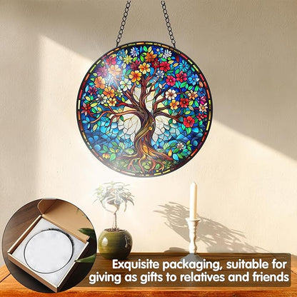 VAIIEYO Tree Sun Catcher Stained Glass Window Hanging Ornament, Handmade Sun Catcher Landscape Decoration with Hooks, Window Garden Home, Birthday Housewarming Gift 7.8 inch