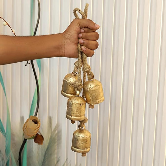 4 Small Rustic Vintage Cow Bells on Rope – Lucky Cow Bells Cluster, Handmade Metal Wall Hanging Décor for Home, Garden, Patio – Boho Farmhouse Bells on Rope Décor (Set of 4) (3 inch)