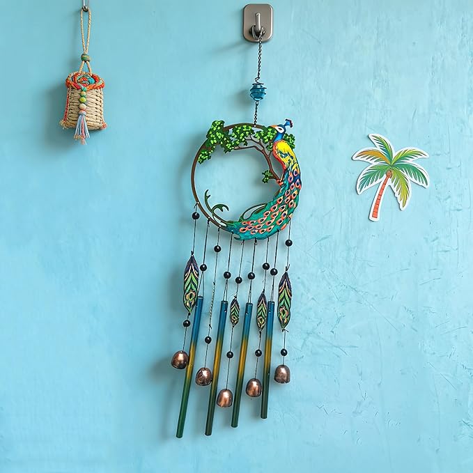Peacock Dream Catchers Windchimes with Copper Bells 28" Peacock Wind Chimes for Zen Atmosphere Outdoor Garden Decor Unique Peacock Gift Home Decor