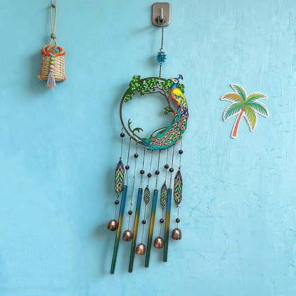 Peacock Dream Catchers Windchimes with Copper Bells 28" Peacock Wind Chimes for Zen Atmosphere Outdoor Garden Decor Unique Peacock Gift Home Decor