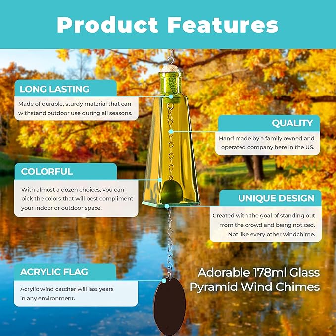 Blue Ridge Mountain Gifts Pyramid Bottle Wind Chime for Garden & Porch Decor w/Cooper Accent, Stained Wooden Ball, & Colorful Glass Bottles - Ideal for Wind Chime Lovers (Orange)