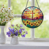Christian Gifts for Women, Easter Christian Cross Sunflower Suncatcher Stained Glass Window Hanging, Cross Flower Sun Catchers Indoor Window Glass Wall Art Decor, 7.9x7.9 Inch