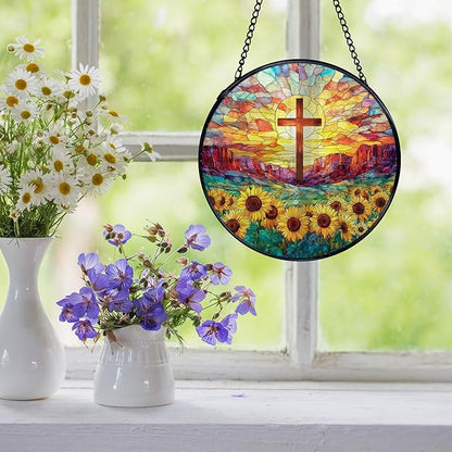 Christian Gifts for Women, Easter Christian Cross Sunflower Suncatcher Stained Glass Window Hanging, Cross Flower Sun Catchers Indoor Window Glass Wall Art Decor, 7.9x7.9 Inch