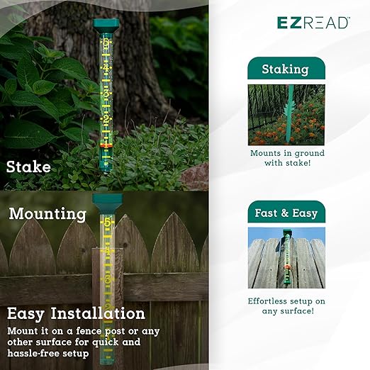 EZRead 21” Giant Professional Outdoor rain Gauge, USA Made Heavy Duty All Weather Freeze Proof Stake or mountable with Float, Green (820-1002)