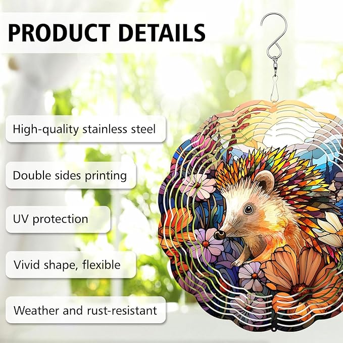 Hedgehog Wind Spinner, Hedgehog Stained Glass Wind Spinner, Wind Sculpture Hedgehog Wind Spinners for Garden Patio Yard Decor