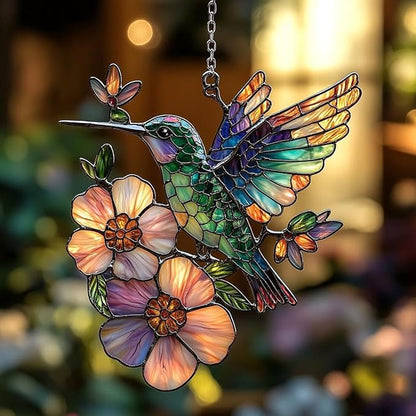 Hummingbird Window Hanging Suncatcher Faux Stained Hummingbirds and Flowers for Women Elegant Home Wall Decor Sun Catchers Indoor Windown Suncatchers Windows Garden