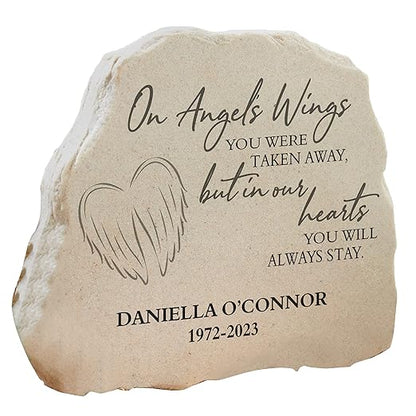 Personalization Universe On Angel's Wings Custom Garden Stone - Memorialize Loved Ones with Personalized Outdoor Decor, 10"x11.9" Durable Polyresin, Sympathy Gift