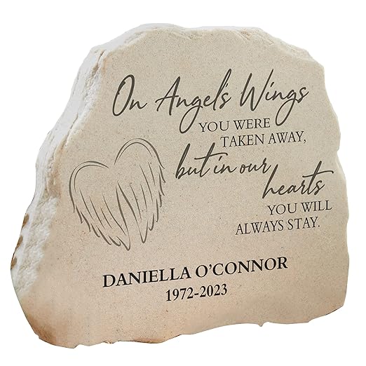 Personalization Universe On Angel's Wings Custom Garden Stone - Memorialize Loved Ones with Personalized Outdoor Decor, 10"x11.9" Durable Polyresin, Sympathy Gift