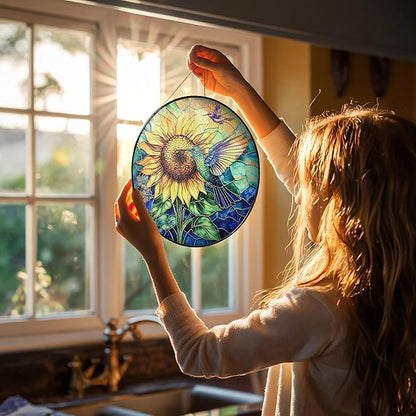 Hummingbird Stained Glass Suncatcher – Sunflower Window Decor, Memorial Hanging Ornament, Bird Lover Gift for Women Adults, Mom, Grandma, Friends, Christmas & Birthday Gifts, Mother’s Day Present