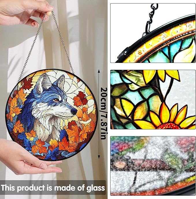 Bimkole Wolf Stained Glass Suncatcher Window Hanging - Animals Design for Indoor Window or Doorway Decoration - 7.87x7.87 inch with Chain and Hook - Unique Home Decor Gift