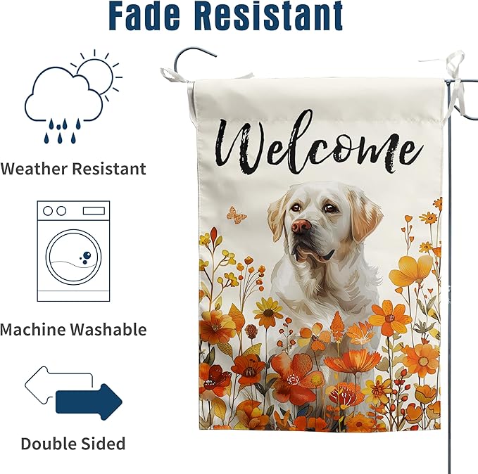 Floral White Lab Garden Flag Fall Yard Flag Wildflower Labrador Dog Garden Flags Orange Autumn Lawn Flags Welcome Thanksgiving Outdoor Flags for Outside 12x18 Double Sided Small