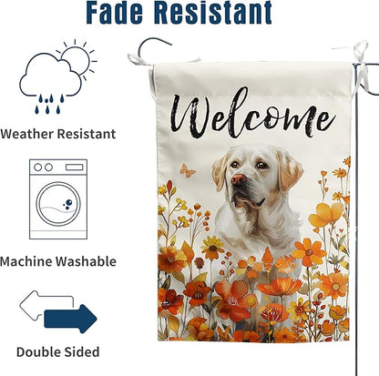 Floral White Lab Garden Flag Fall Yard Flag Wildflower Labrador Dog Garden Flags Orange Autumn Lawn Flags Welcome Thanksgiving Outdoor Flags for Outside 12x18 Double Sided Small
