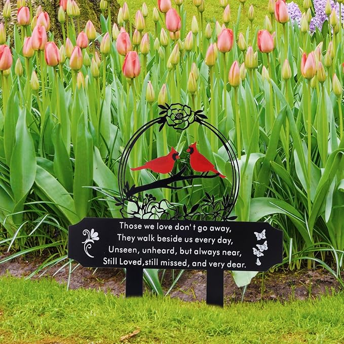 Cardinal Grave Decoration for Cemetery, Metal Tombstone Memorial Marker with Poem Weatherproof Outdoor Yard Garden Grave Stakes for Loss of Father Mother
