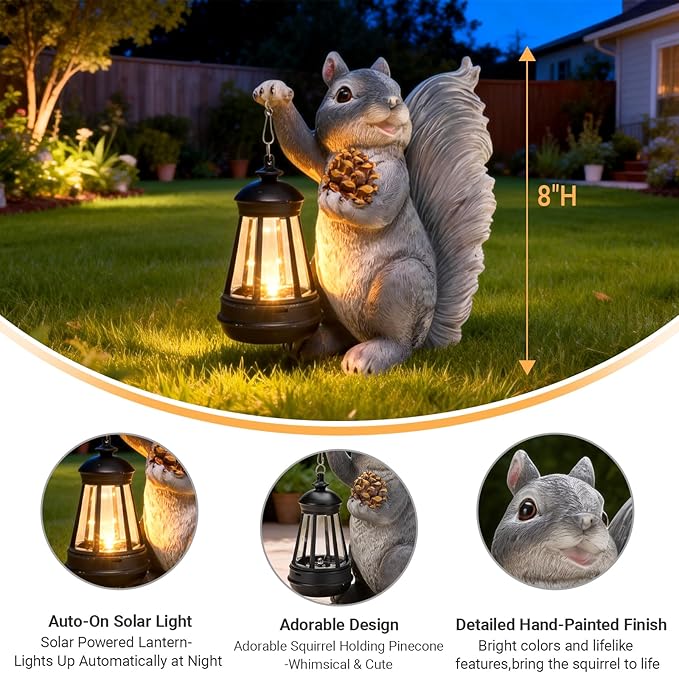 Solar Squirrel Garden Statue Outdoor Decor, Squirrel Sculpture with Lantern for Yard Lawn Patio Balcony, Birthday Housewarming Gifts for Mom, Grandma, Women, Resin, Grey