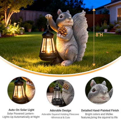 Solar Squirrel Garden Statue Outdoor Decor, Squirrel Sculpture with Lantern for Yard Lawn Patio Balcony, Birthday Housewarming Gifts for Mom, Grandma, Women, Resin, Grey