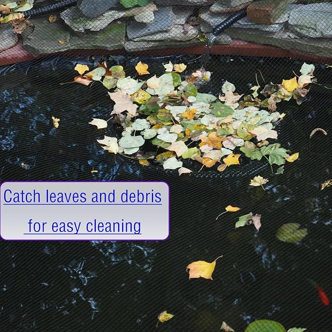 JUNFLYING 25x50 Ft Pond Netting for Leaves, 1/2 in Fine Mesh, Strong Woven Koi Fish Net Cover, Against Birds, Cats & Predators, Stakes Included