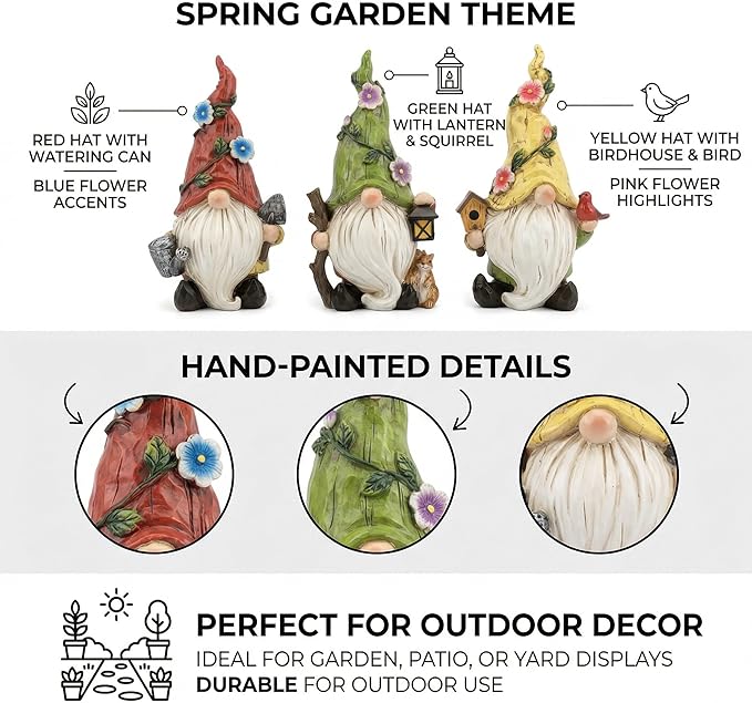 GoGnome 3-Pack Spring Garden Gnome Figurines, 6.5" Resin Decorative Gnomes with Lantern, Birdhouse & Watering Can, Indoor Outdoor Tabletop Home Yard Lawn Decor (Multicolor)
