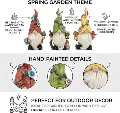 GoGnome 3-Pack Spring Garden Gnome Figurines, 6.5" Resin Decorative Gnomes with Lantern, Birdhouse & Watering Can, Indoor Outdoor Tabletop Home Yard Lawn Decor (Multicolor)