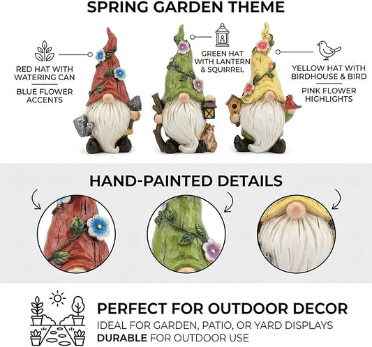 GoGnome 3-Pack Spring Garden Gnome Figurines, 6.5" Resin Decorative Gnomes with Lantern, Birdhouse & Watering Can, Indoor Outdoor Tabletop Home Yard Lawn Decor (Multicolor)