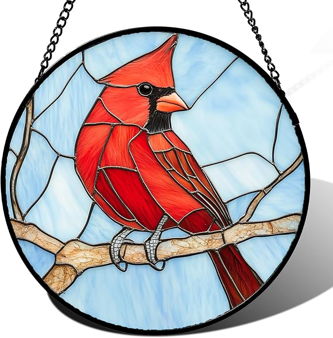 Stained Glass Window Hanging Cardinal Birds Large 11.8" - Suncatcher Door Garden Sun Catcher Home Decor Christmas Birthday for Bird Lovers Woman Her Nana Wife Men Mom