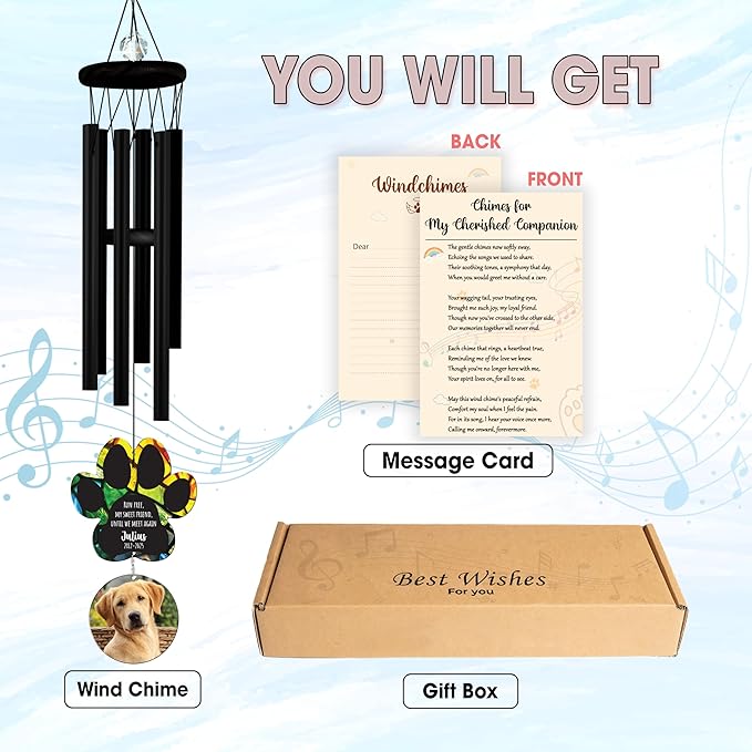 Personalized Pet Memorial Wind Chimes, Custom Photo Crystal Paw Print Suncatcher Ornament, Pet Keepsake Memorial Sympathy Gift for Loss of Dog Cat Lover, Remembrance Wind Chimes Outdoor Décor