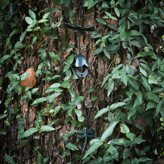 Japanese Wind Chime Cast-Iron Outdoor Ornament for Garden, Patio & Balcony, Hanging Metal Wind-Bell Decoration Gift, Blessing Pendant Windchimes, Green Dragonflies