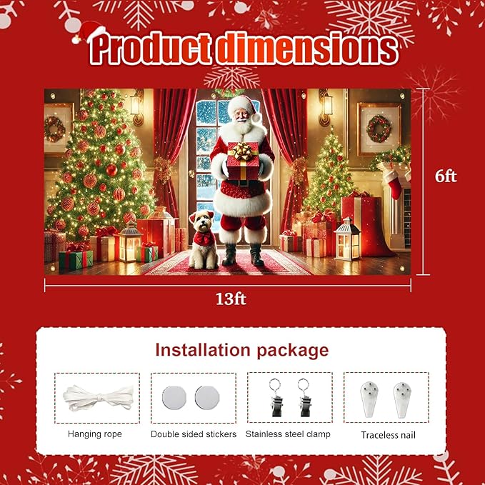 HOMETITUTE Christmas Garage Door Banner 13x6ft Santa Claus with Gift Box and Puppy Holiday Backdrop Winter Indoor Outdoor Scene Red Gold Green Tree Decor Wall Hanging Seasonal Party Porch