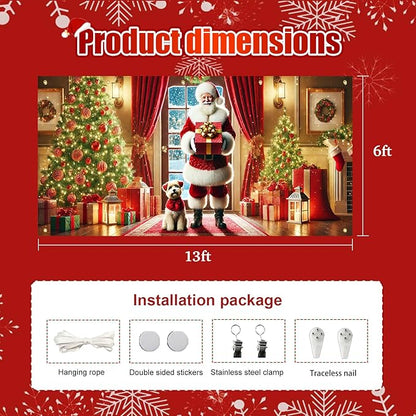 HOMETITUTE Christmas Garage Door Banner 13x6ft Santa Claus with Gift Box and Puppy Holiday Backdrop Winter Indoor Outdoor Scene Red Gold Green Tree Decor Wall Hanging Seasonal Party Porch