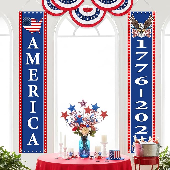 4th of July Decorations Outdoor - 250th Anniversary Decorations 2 Pack Patriotic Porch Banners for Independence Day - USA Spirit 1776-2026 US Birthday Hanging Flag Front Door Porch Signs Indoor Outdoor