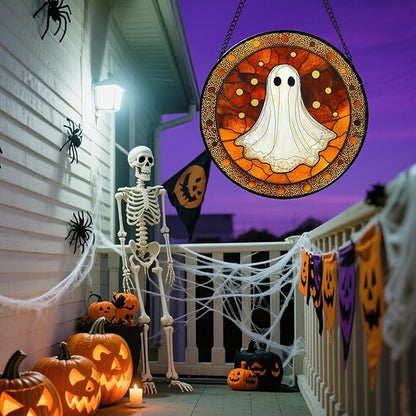 Stained Glass Window Hanging - Halloween Decorations White Ghost Suncatcher for Doors Garden Indoor Spooky Funny Orange Sun Catchers Gothic Decor Horror Gifts for Women Men Friend 15 in
