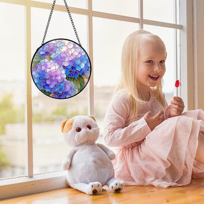 Hydrangea Decor, Spring Hydrangea Flower Suncatchers Stained Glass Window Hanging, Flower Sun Catchers Indoor Window Glass Round Wall Decor, Floral Wall Hanging Decorations, 7.9x7.9in