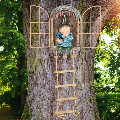 Garden Gnomes Decoration Outdoor Tree Faces Decor with Hanging Ladder for Yard, Elf Out The Door Tree Hugger Figurine Resin Garden Sculpture Ornament Whimsical Gnome Decor for Patio Yard Lawn