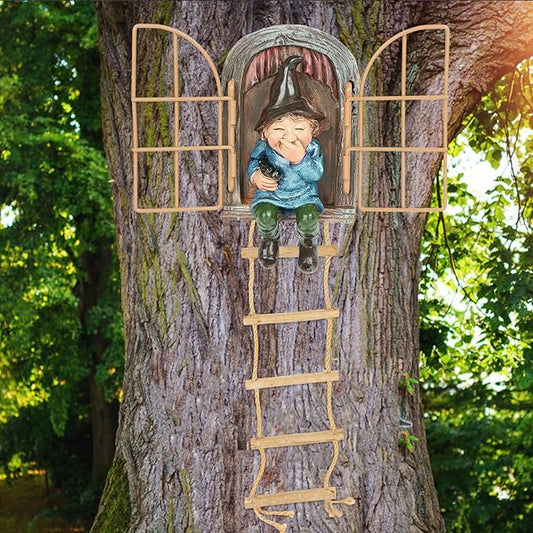 Garden Gnomes Decoration Outdoor Tree Faces Decor with Hanging Ladder for Yard, Elf Out The Door Tree Hugger Figurine Resin Garden Sculpture Ornament Whimsical Gnome Decor for Patio Yard Lawn