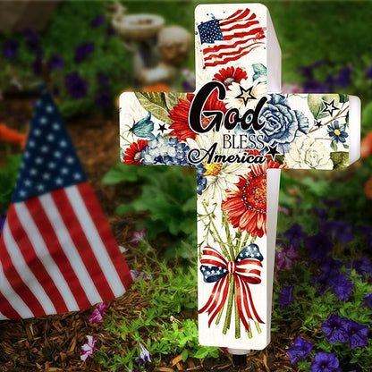DoubleFill 4th of July Solar Lighted Cross 250 Patriotic Floral Garden Stake Decor 250th Red White and Blue Independence Day Solar Cross God Bless America Yard Decor for Memorial Veterans USA Outdoor