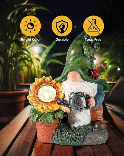 GoGnome Solar-Powered Large Garden Gnome Watering Can Sunflower - 12 in Garden Decor Gnomes Decorations for Yard Lawn Ornaments Outside Statue Figurine LED Lights (Gnome)