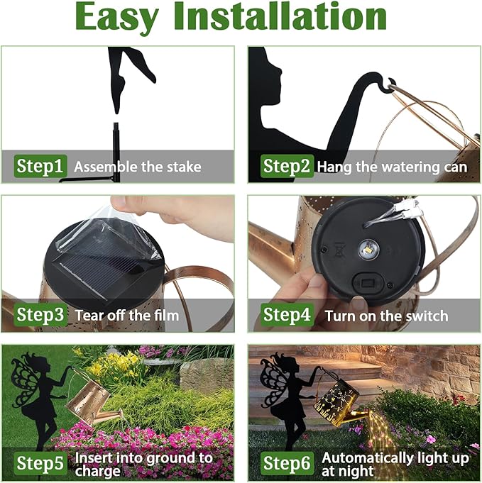 Ouddy Decor Fairy Garden Decor with Solar Watering Can, Metal Fairy Garden Statues with Hanging Lanterns Waterfall Lights Silhouette Waterproof for Lawn Pathway Gardening Gifts