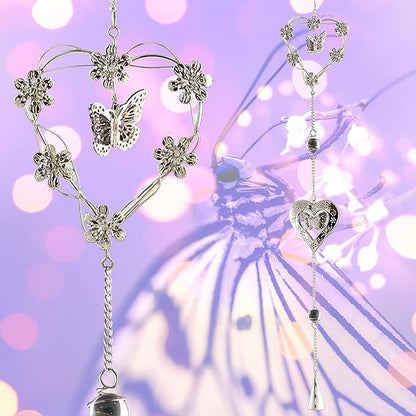 Butterfly Bell Wind Chimes - Butterfly and Heart with Mobile Design - Metal Silver Hearts - Butterflies and Flowers - 40" Long - Sturdy S Hook for Hanging