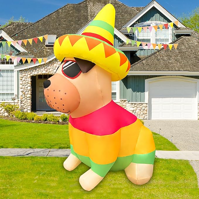5 FT Cinco De Mayo Inflatables Outdoor Decorations, Bulldog with Taco Sombreros Glasses May 5 Blow up Inflatable Shar Pei Dog for Holiday Party Décor